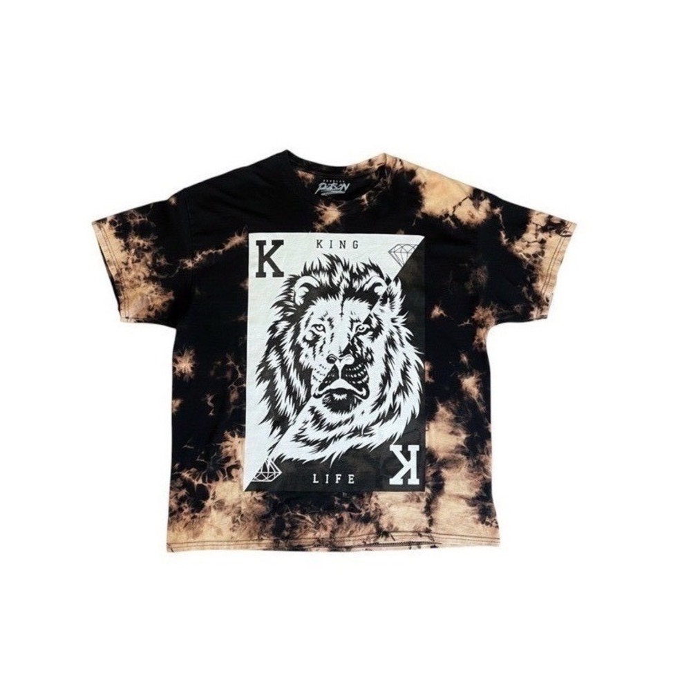 Popular Poison King Life Lion Graphic Acid Wash Tee Shirt Black Tan 2XL